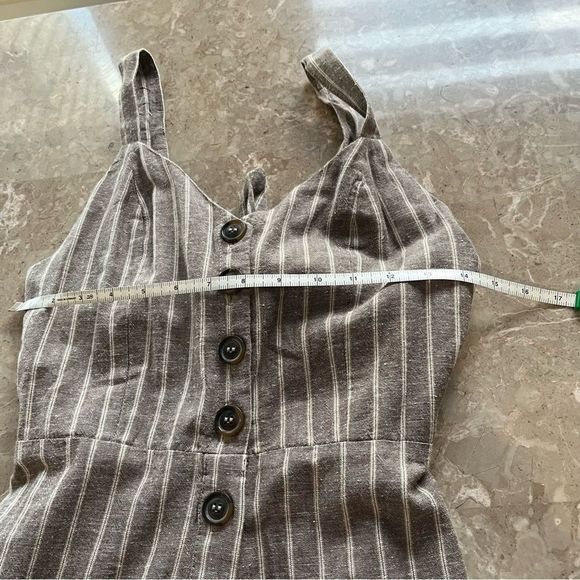 JAPNA Khaki Stripe Linen Romper Jumpsuit Boho Kawaii Bow Back Overall Pant Tie S - Picture 6 of 14